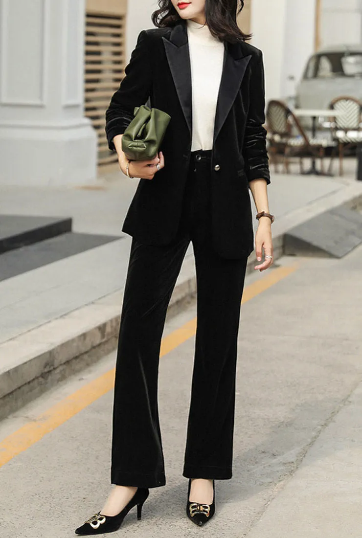 One-Button Velvet Blazer & Wide-Leg Pant Suits