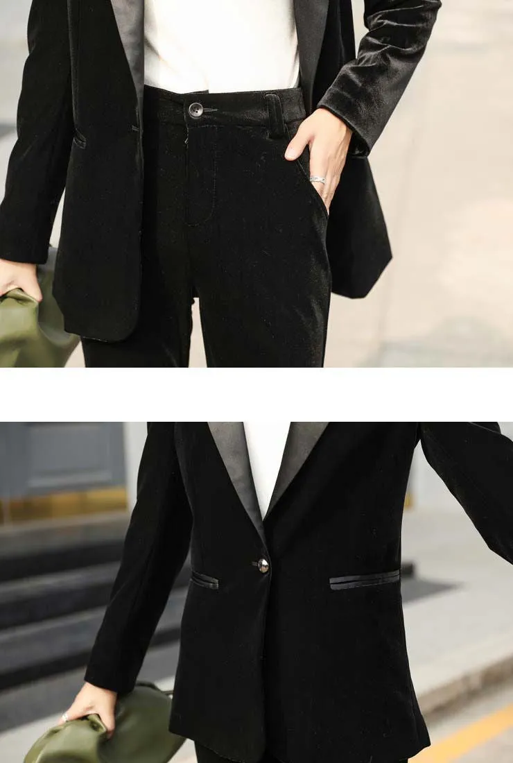 One-Button Velvet Blazer & Wide-Leg Pant Suits