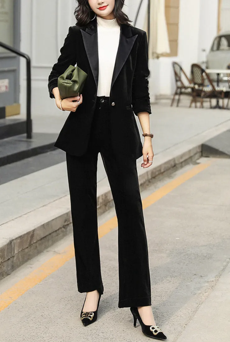 One-Button Velvet Blazer & Wide-Leg Pant Suits
