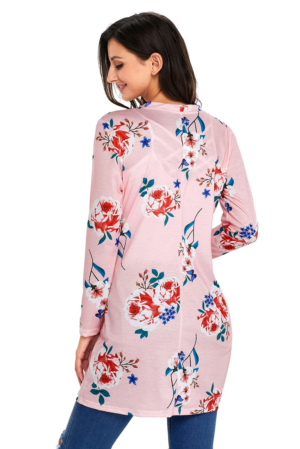 Pink Long Sleeve Floral Cardigan