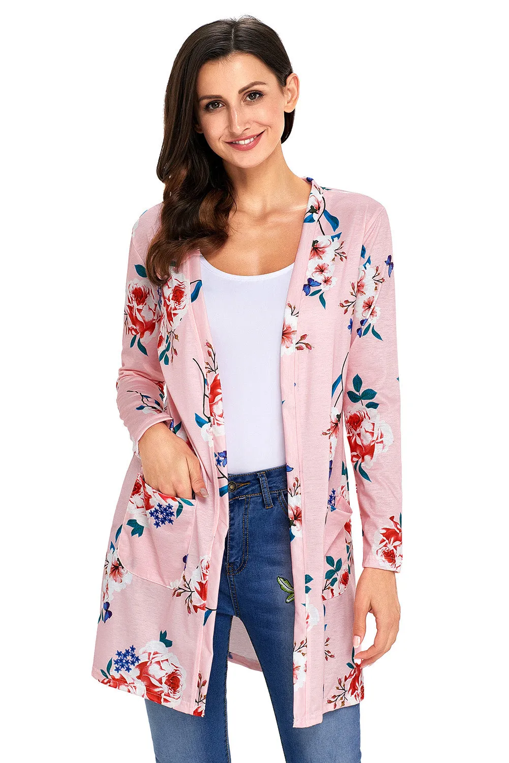 Pink Long Sleeve Floral Cardigan