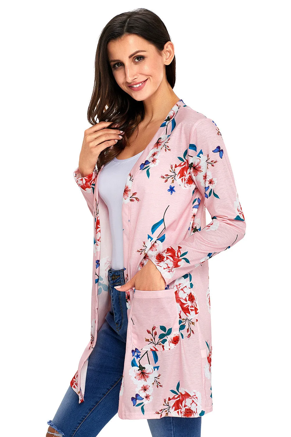 Pink Long Sleeve Floral Cardigan