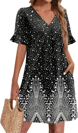 Plus Size Easter Dresses for Curvy Women Summer Casual Shift Ruffle V Neck Short Sleeve Beach Dress with Pockets