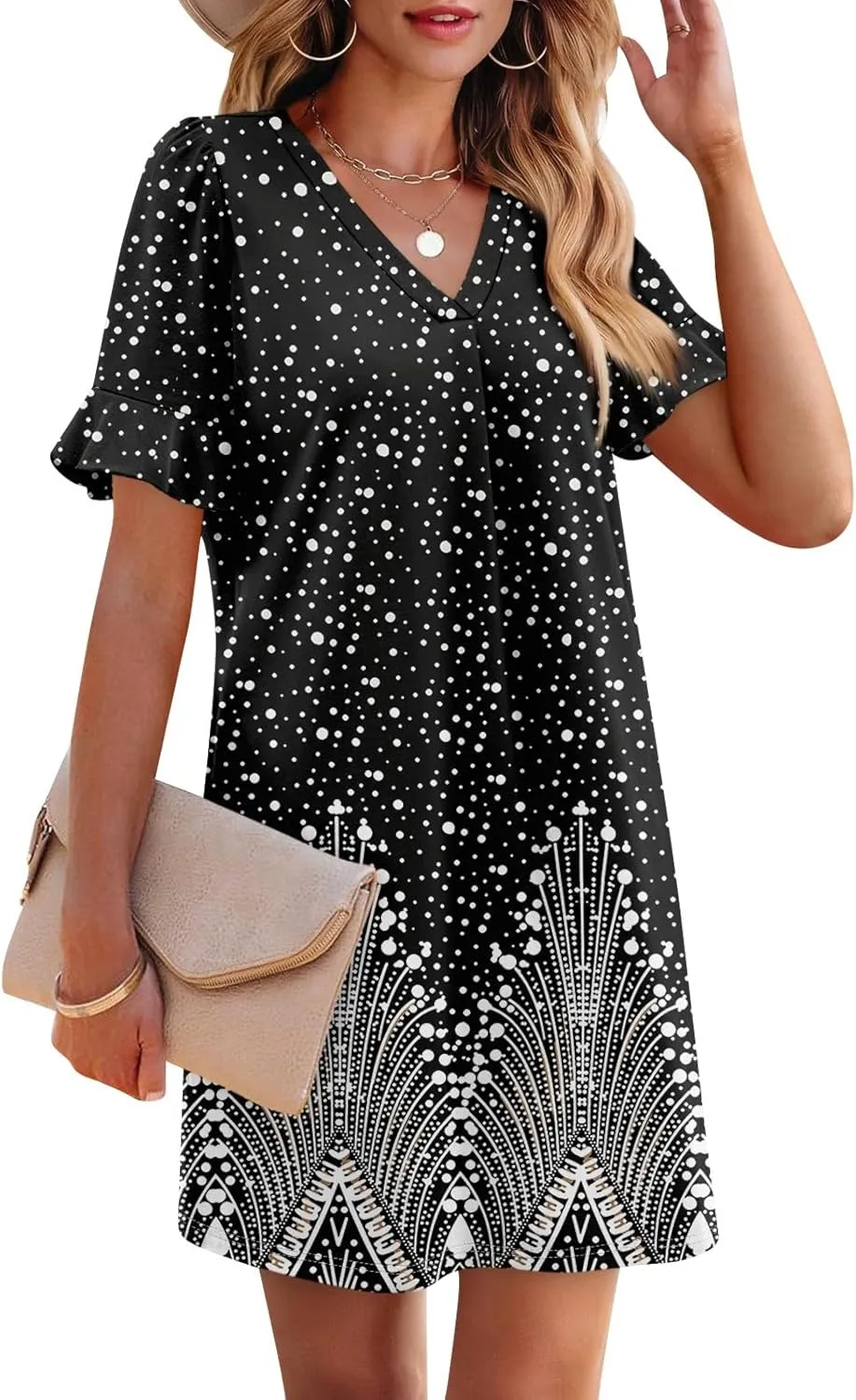 Plus Size Easter Dresses for Curvy Women Summer Casual Shift Ruffle V Neck Short Sleeve Beach Dress with Pockets
