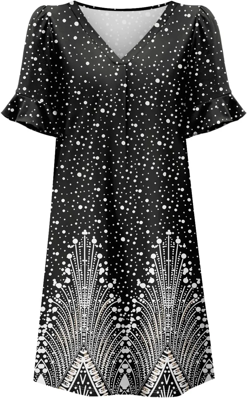 Plus Size Easter Dresses for Curvy Women Summer Casual Shift Ruffle V Neck Short Sleeve Beach Dress with Pockets