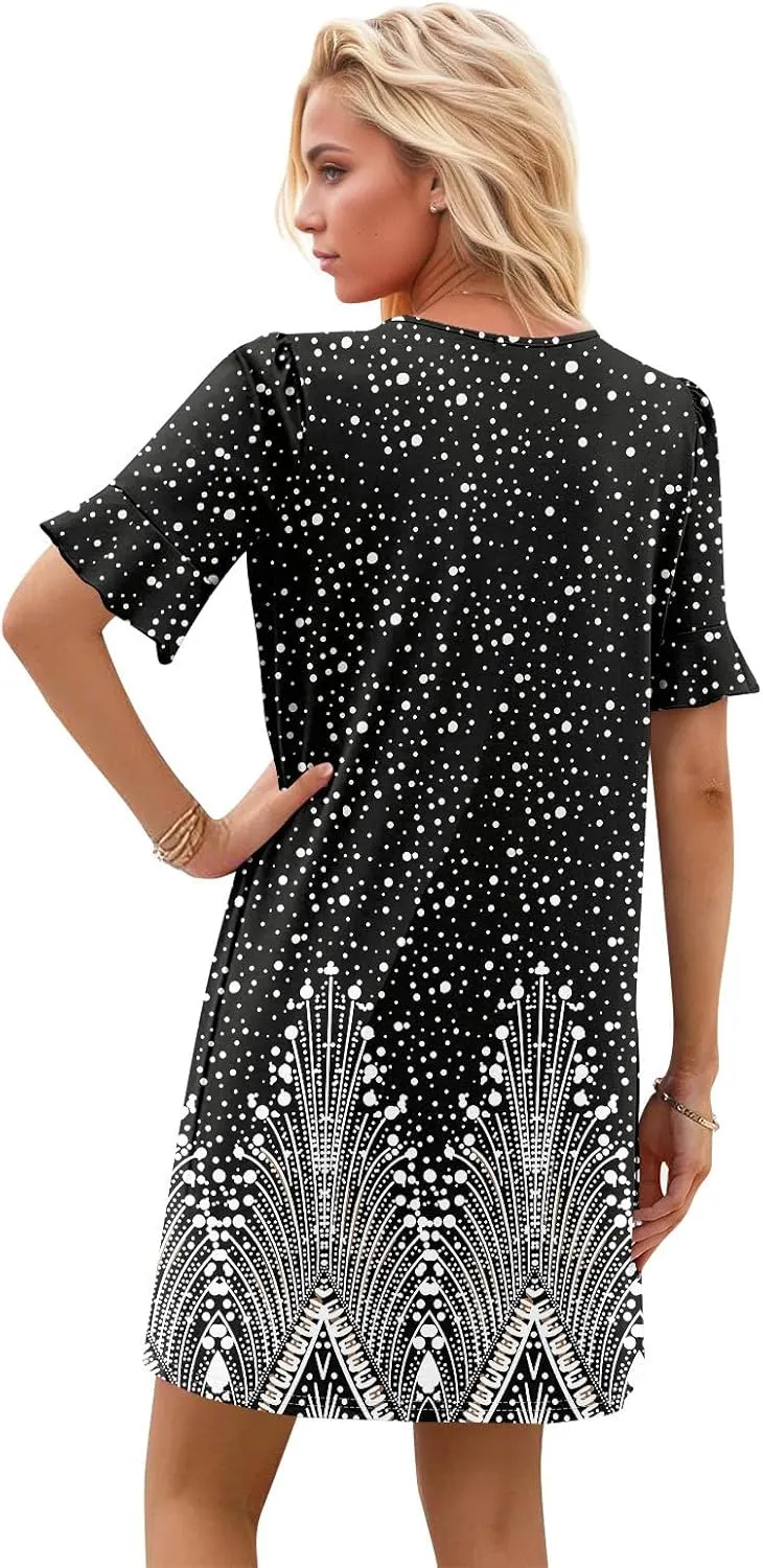 Plus Size Easter Dresses for Curvy Women Summer Casual Shift Ruffle V Neck Short Sleeve Beach Dress with Pockets