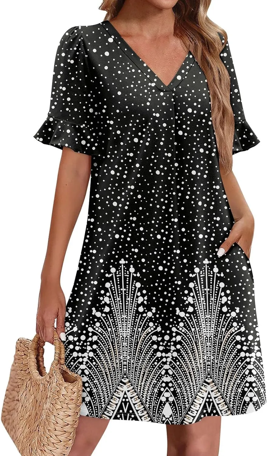 Plus Size Easter Dresses for Curvy Women Summer Casual Shift Ruffle V Neck Short Sleeve Beach Dress with Pockets