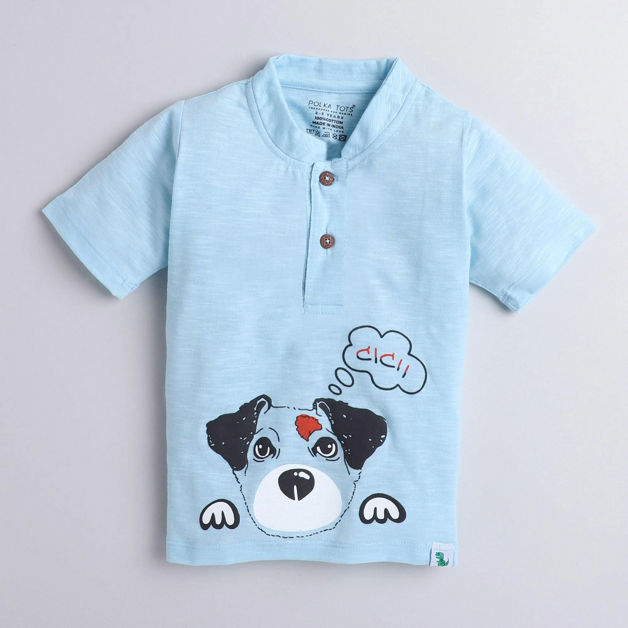 Polka Tots Half Sleeve Mandarian Collar 100% Cotton Dog Blue