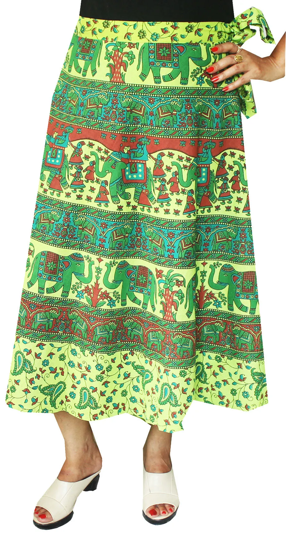 Printed Cotton Long Wrap Skirt from India (Green)