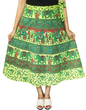 Printed Cotton Long Wrap Skirt from India (Green)