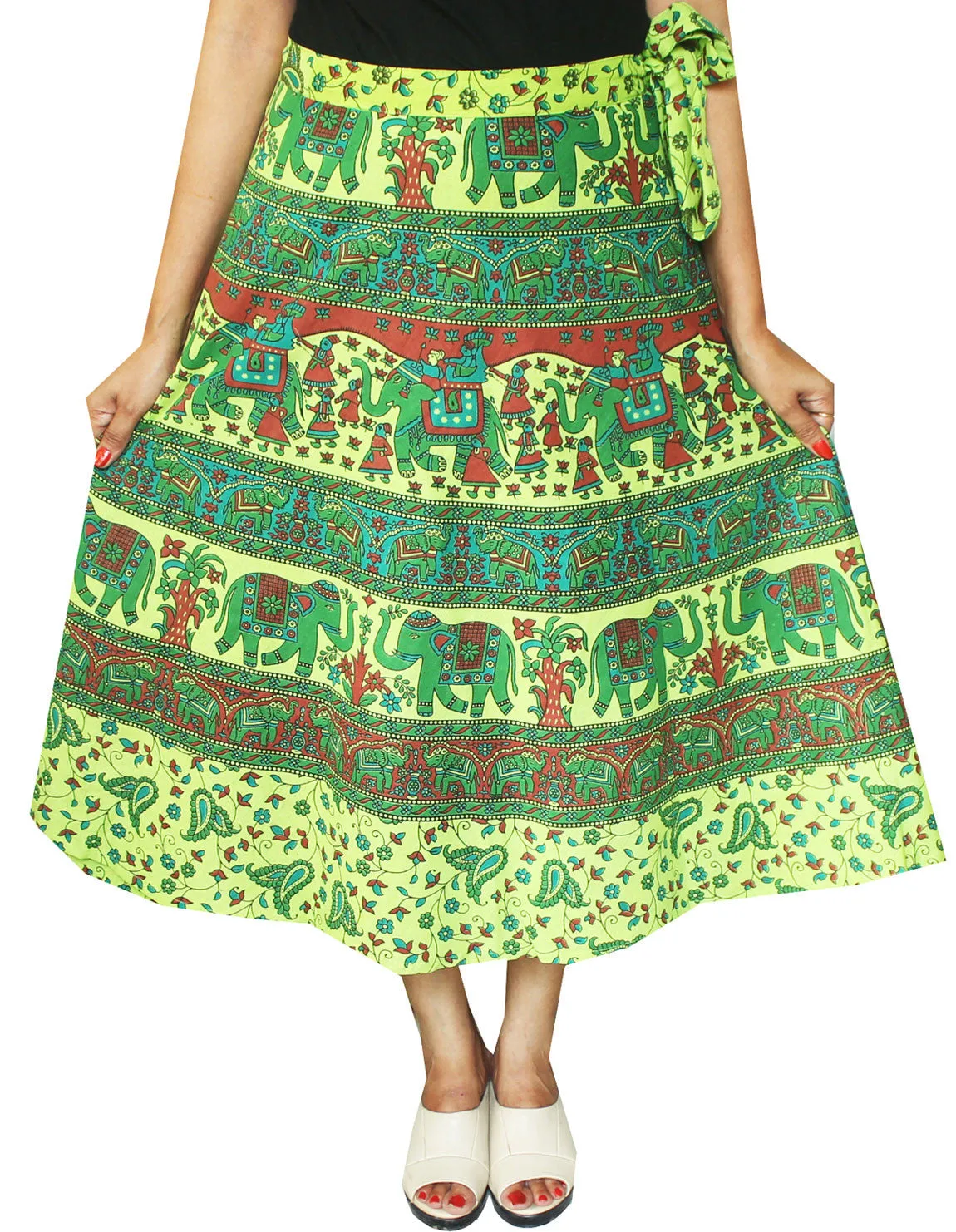 Printed Cotton Long Wrap Skirt from India (Green)