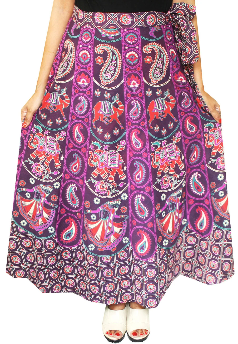 Printed Long Cotton Wrap Skirt India Women (Purple)