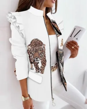 Printed Ruffled Long-sleeved Zipper Blazers
