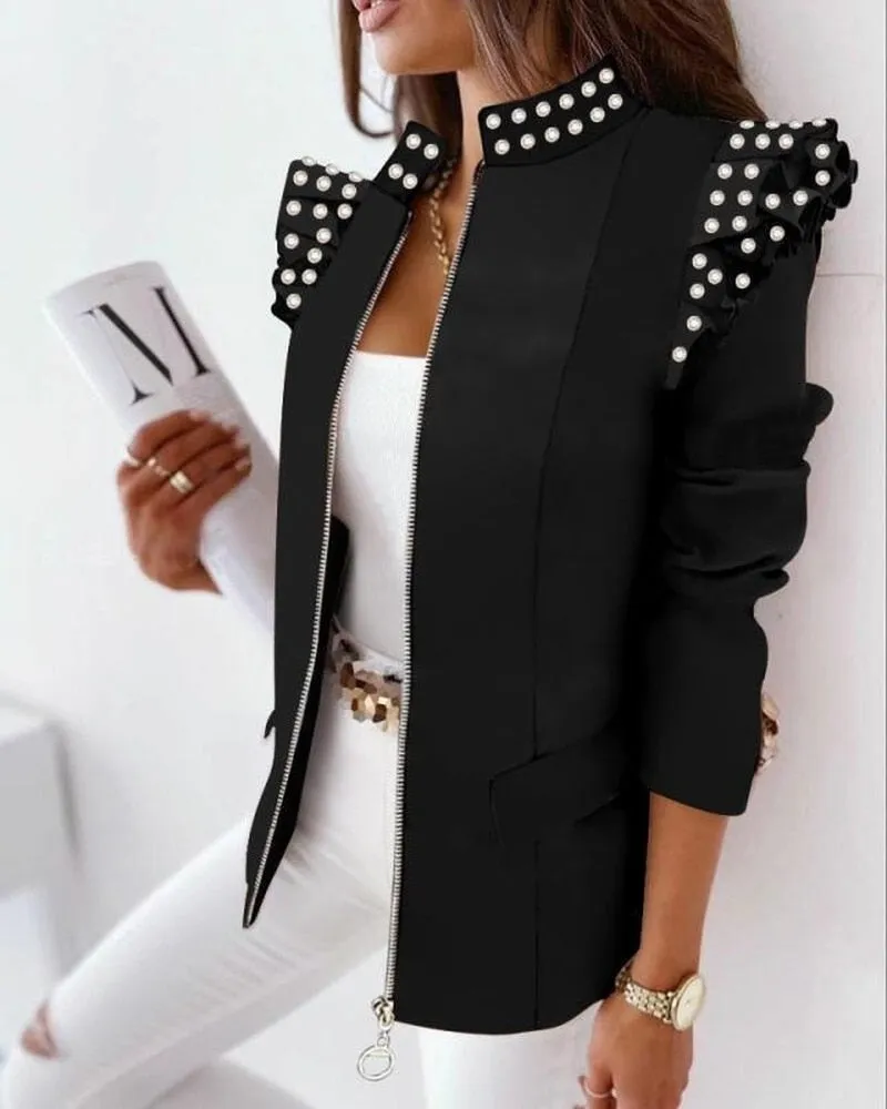 Printed Ruffled Long-sleeved Zipper Blazers