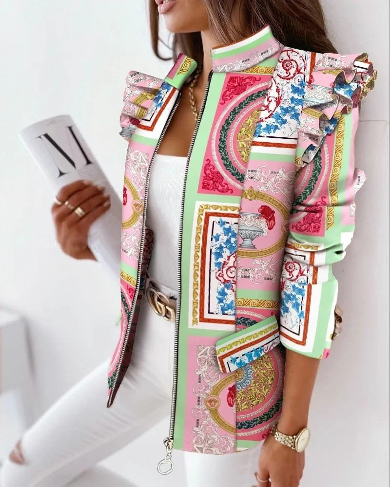 Printed Ruffled Long-sleeved Zipper Blazers