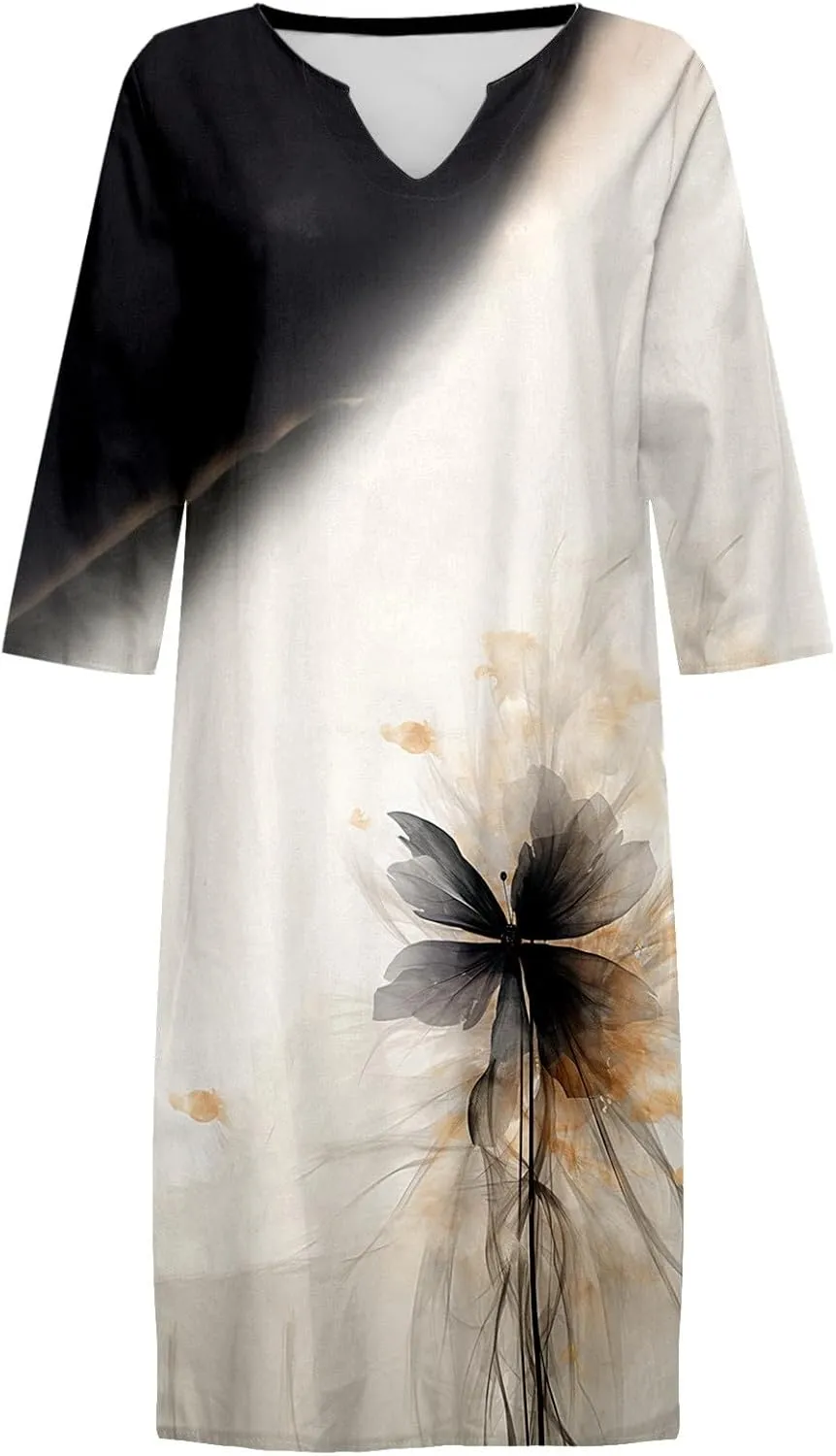 PTOLOCIF Boho Dresses for Women 2025 Cotton Linen Midi Dress Plus Size Short Sleeve Tshirt Dresses Crew Neck Shift Dress