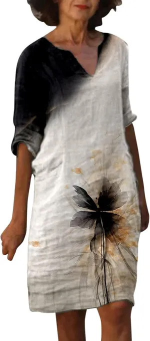 PTOLOCIF Boho Dresses for Women 2025 Cotton Linen Midi Dress Plus Size Short Sleeve Tshirt Dresses Crew Neck Shift Dress