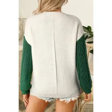 Pumpkin And Spice Color Block Green Patch Pocket Sweater