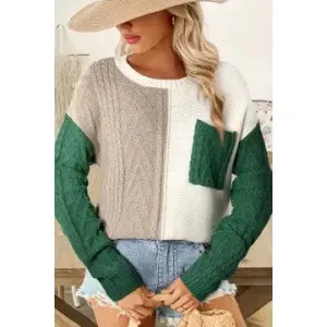 Pumpkin And Spice Color Block Green Patch Pocket Sweater