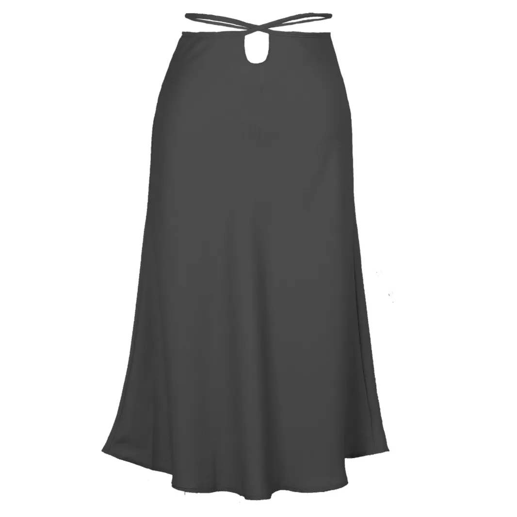 Satin Tied Waist Peek-A-Boo Midi Skirt