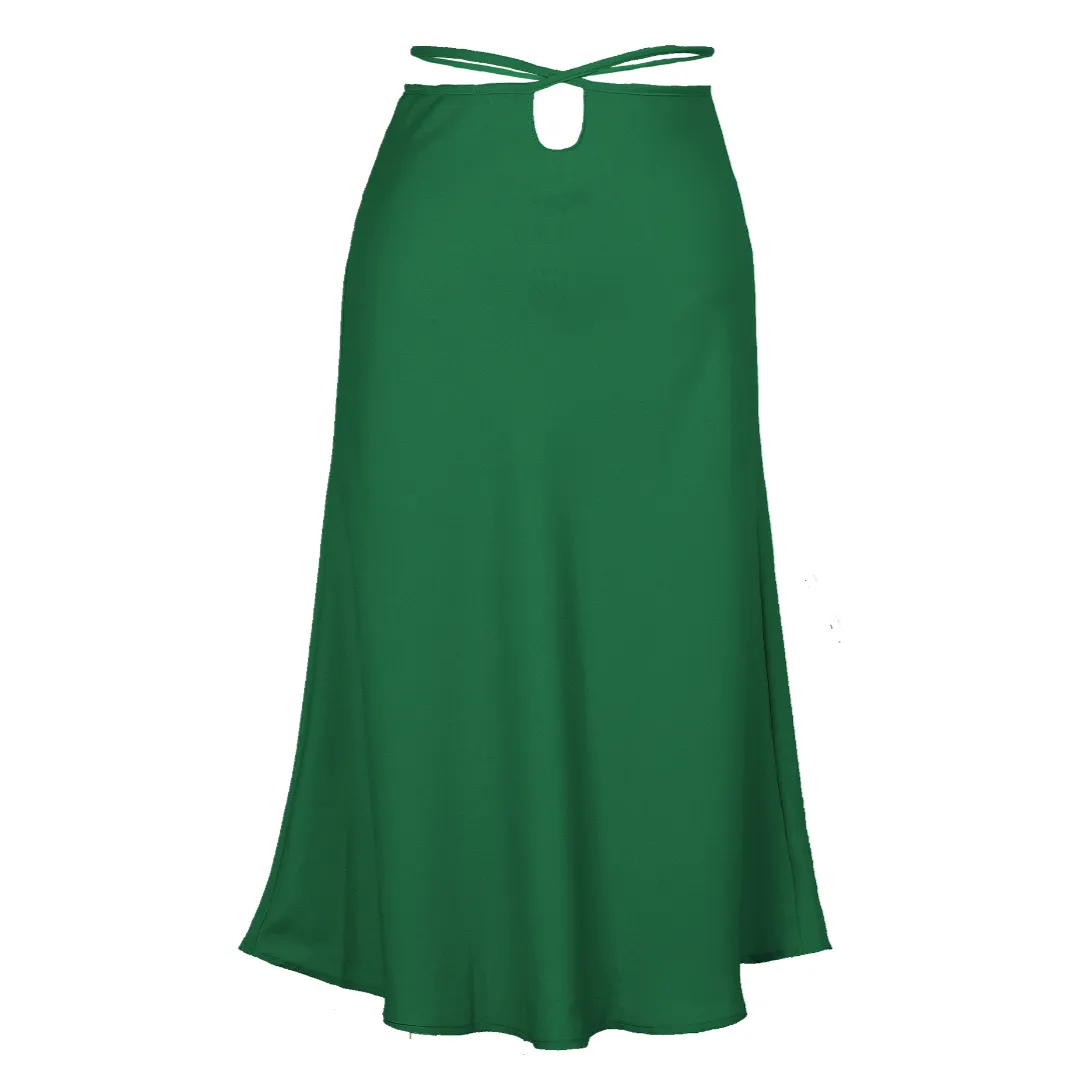 Satin Tied Waist Peek-A-Boo Midi Skirt