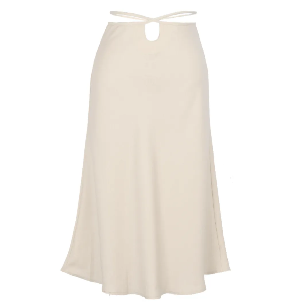 Satin Tied Waist Peek-A-Boo Midi Skirt