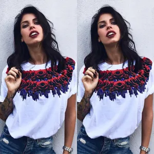 Scoop Flower Print Short Sleeves Loose T-shirt