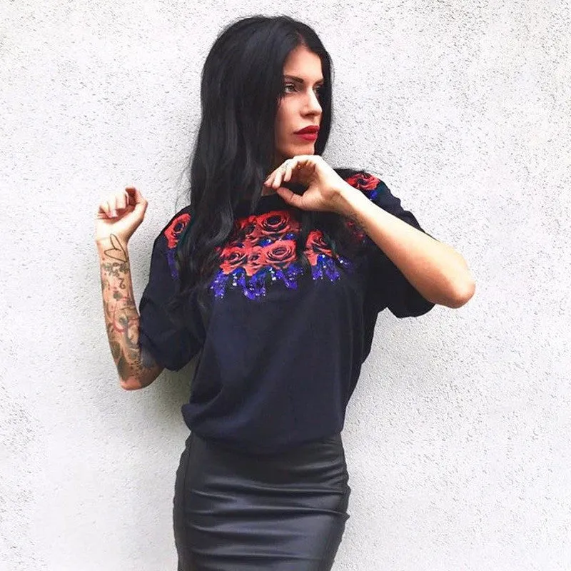 Scoop Flower Print Short Sleeves Loose T-shirt