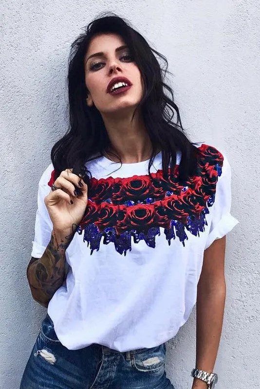 Scoop Flower Print Short Sleeves Loose T-shirt