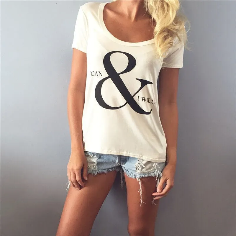 Scoop Letter Flower Print Short Sleeves Casual T-shirt