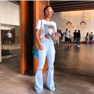 Sexy Flare High Waist Ripped Denim Pants