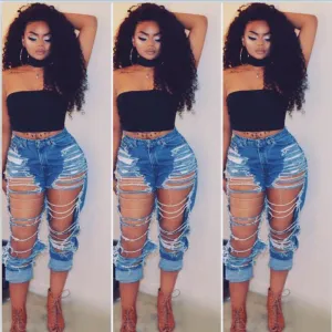 Sexy High Waist Blue Loose Ripped Denim Pants