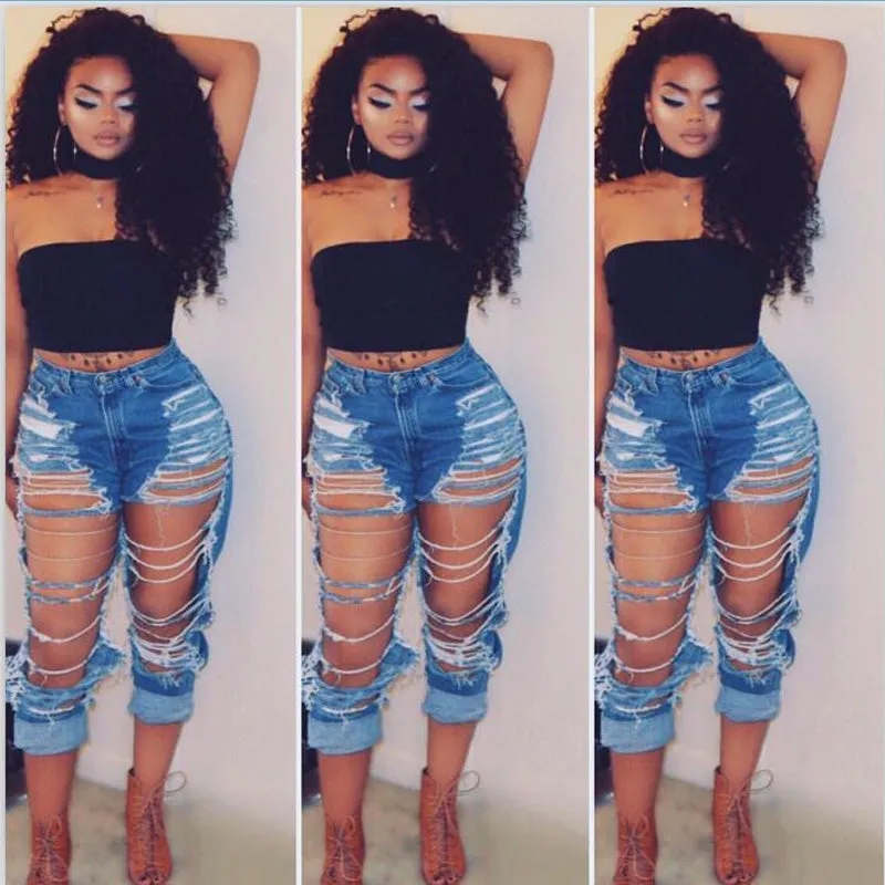 Sexy High Waist Blue Loose Ripped Denim Pants