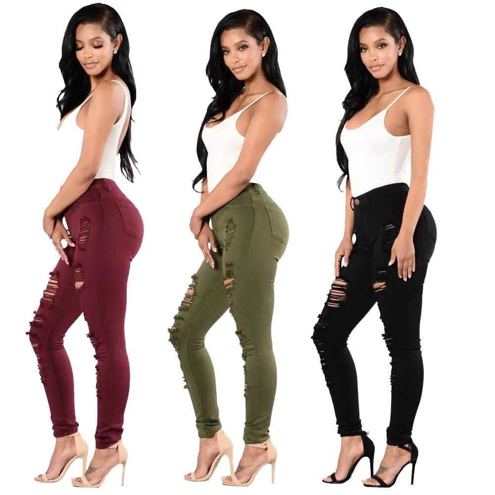 Sexy High Waist Stretch Skinny Ripped Pants