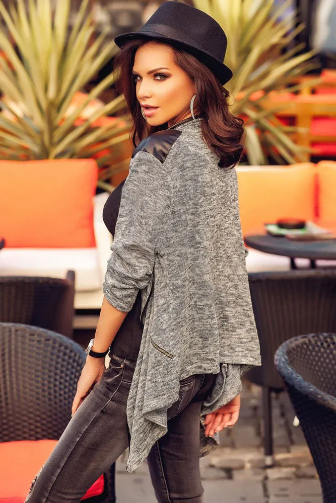 Sexy Leather Shoulder Patch Asymmetric Cardigan