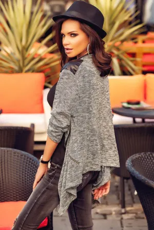 Sexy Leather Shoulder Patch Asymmetric Cardigan