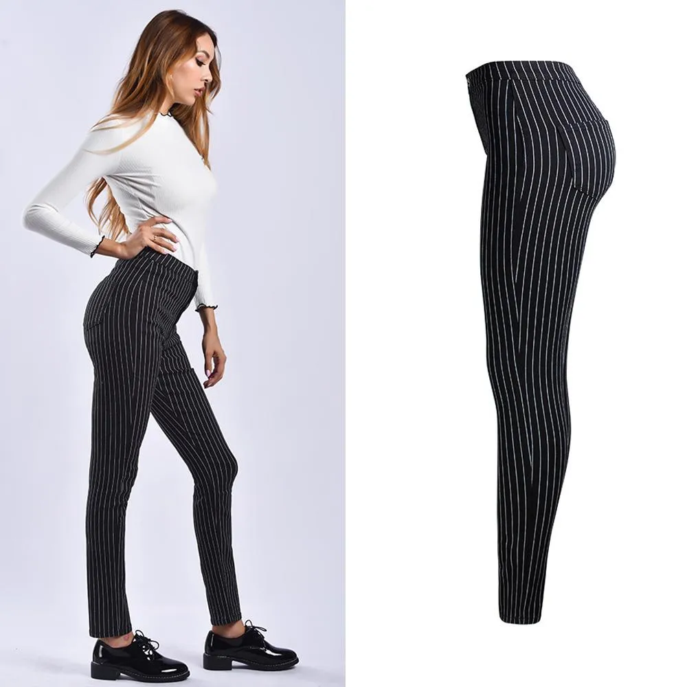 Sexy Stretch High Waist Black Stripes Skinny Pants