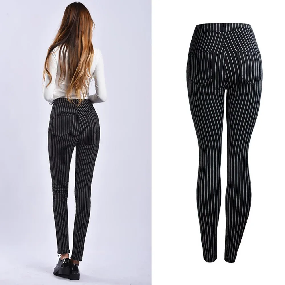 Sexy Stretch High Waist Black Stripes Skinny Pants