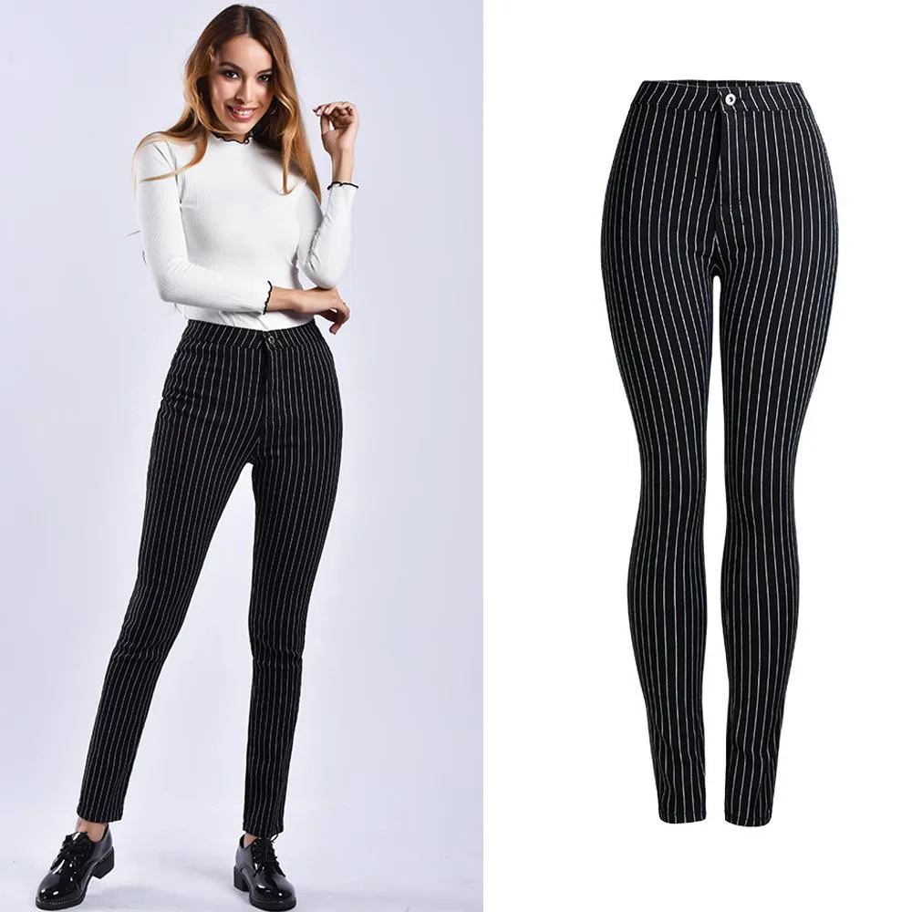 Sexy Stretch High Waist Black Stripes Skinny Pants