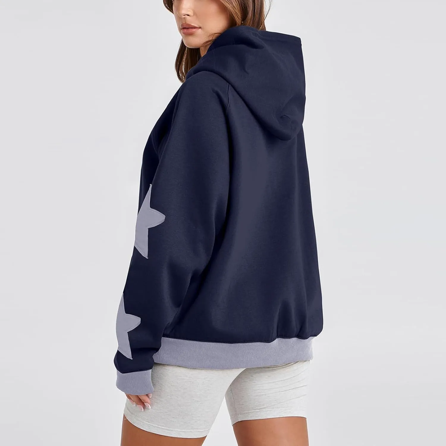 Star Pattern Oversized Hooded Sweatshirt for Women Casual Trendy Streetwear 2024 Teen Girls Pullover Tops with Pocket