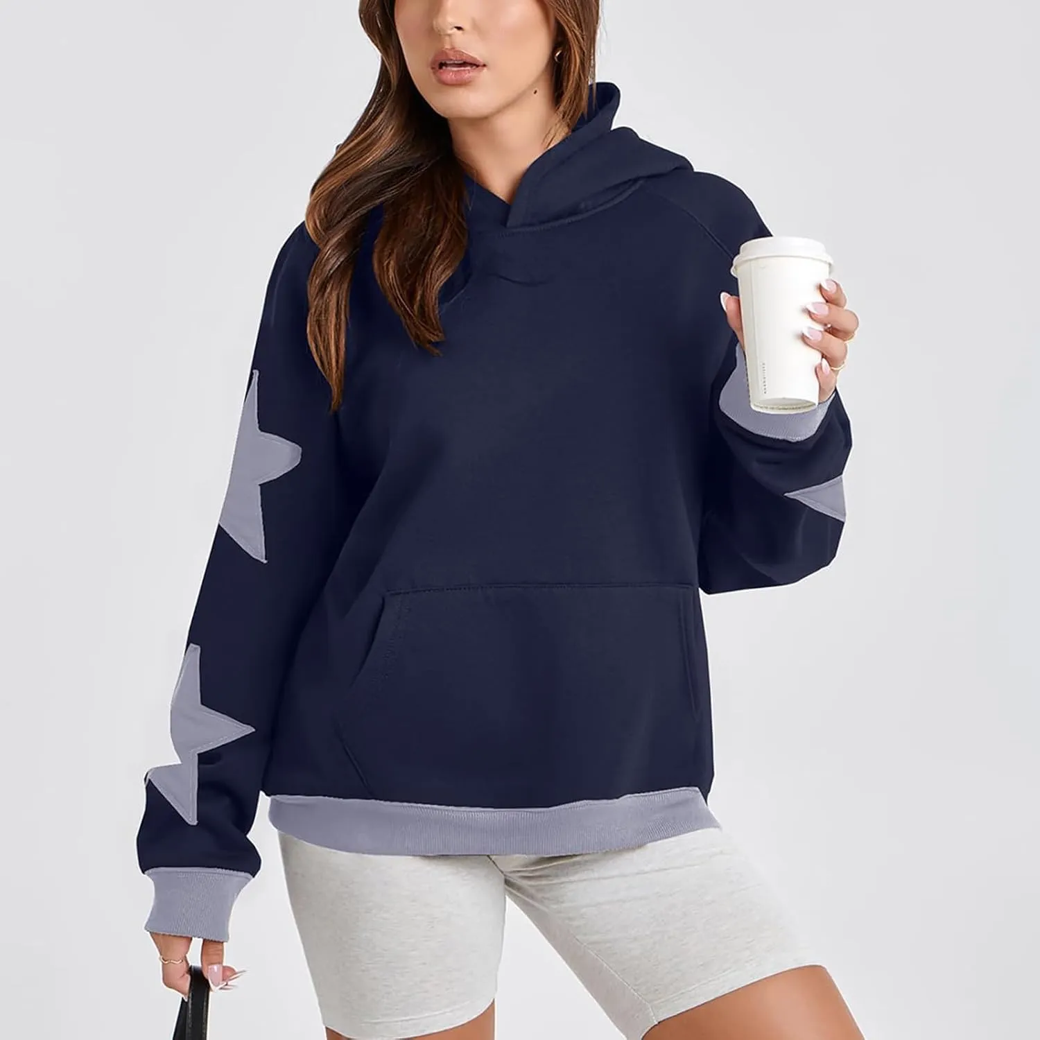 Star Pattern Oversized Hooded Sweatshirt for Women Casual Trendy Streetwear 2024 Teen Girls Pullover Tops with Pocket
