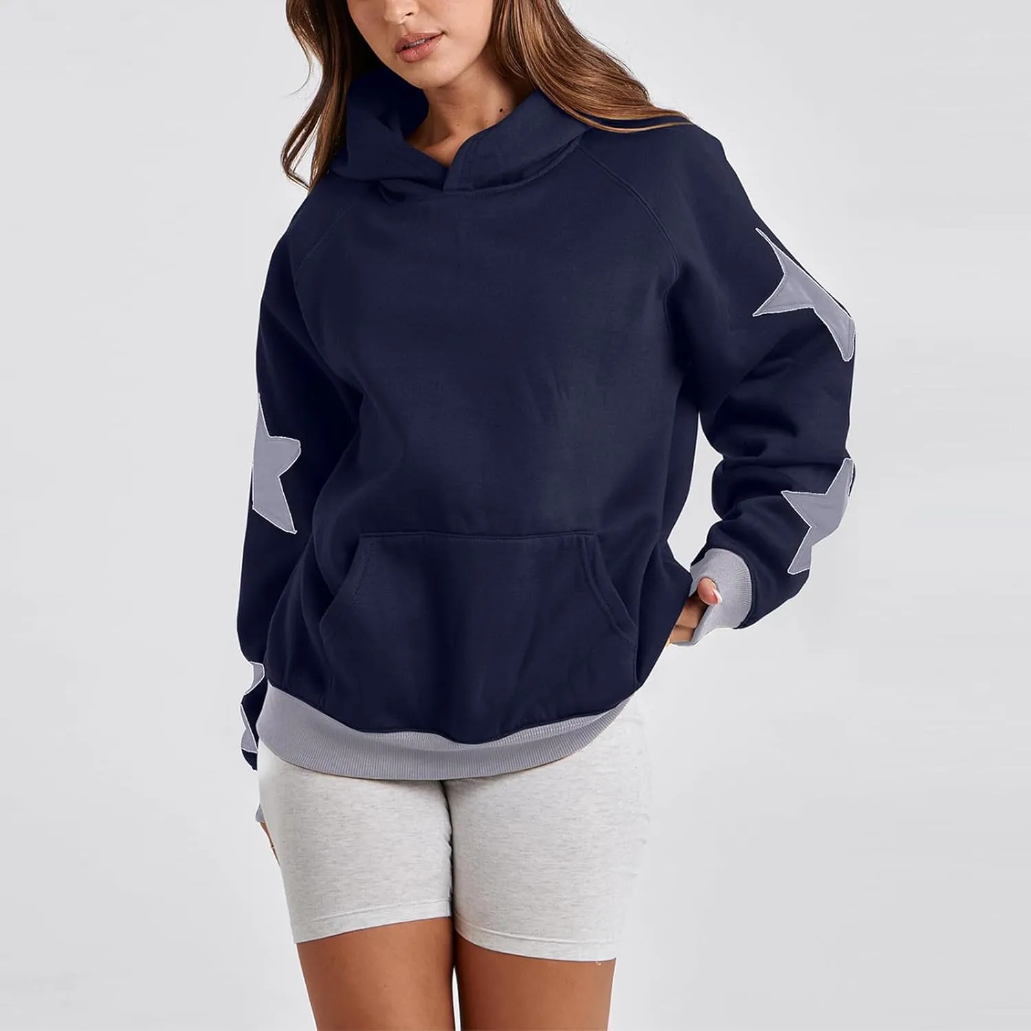 Star Pattern Oversized Hooded Sweatshirt for Women Casual Trendy Streetwear 2024 Teen Girls Pullover Tops with Pocket