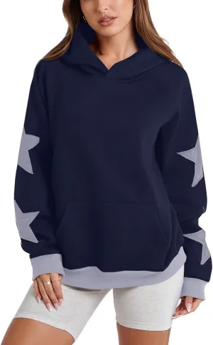 Star Pattern Oversized Hooded Sweatshirt for Women Casual Trendy Streetwear 2024 Teen Girls Pullover Tops with Pocket