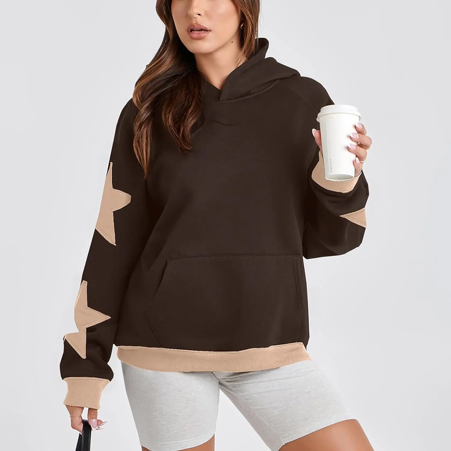 Star Pattern Oversized Hooded Sweatshirt for Women Casual Trendy Streetwear 2024 Teen Girls Pullover Tops with Pocket