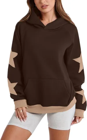Star Pattern Oversized Hooded Sweatshirt for Women Casual Trendy Streetwear 2024 Teen Girls Pullover Tops with Pocket