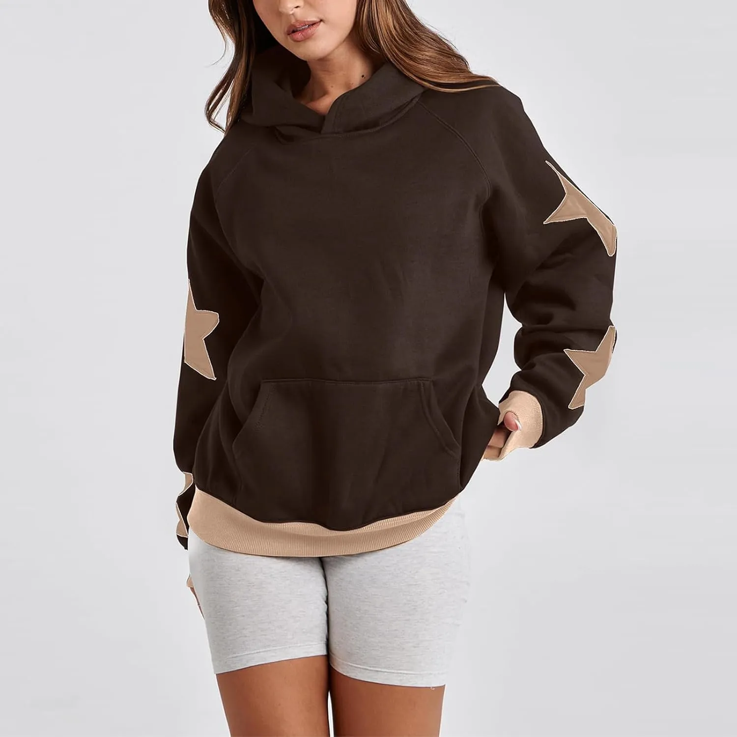 Star Pattern Oversized Hooded Sweatshirt for Women Casual Trendy Streetwear 2024 Teen Girls Pullover Tops with Pocket