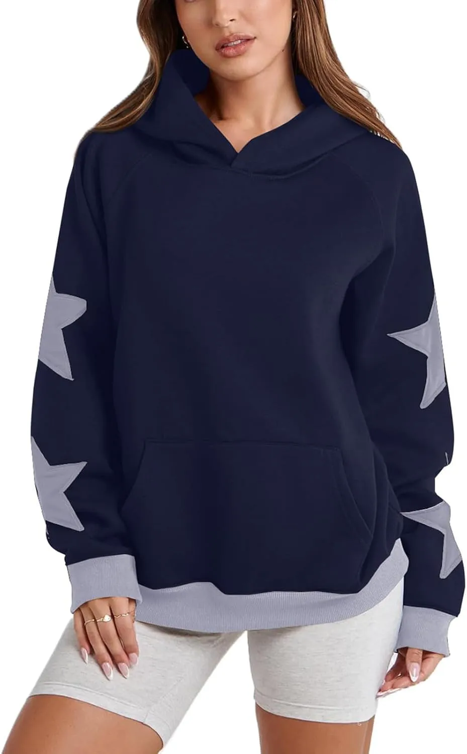 Star Pattern Oversized Hooded Sweatshirt for Women Casual Trendy Streetwear 2024 Teen Girls Pullover Tops with Pocket