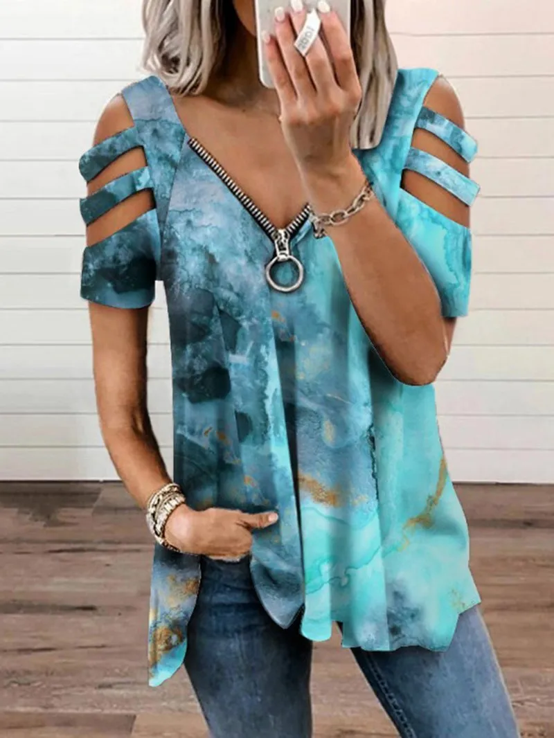 Strapless V-neck Gradient Printed Zipper Tops
