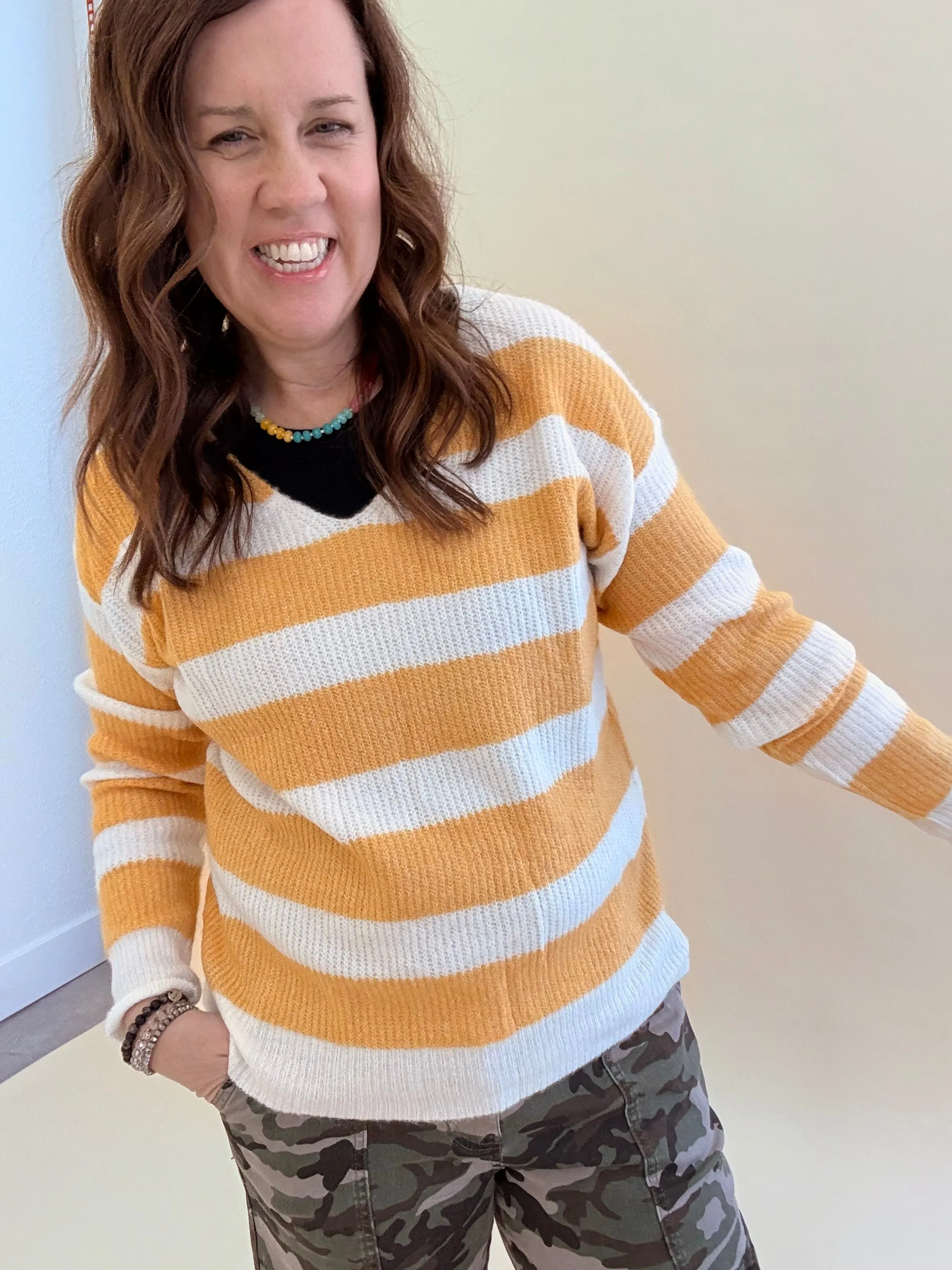 Striped Deep V-Neck Sweater