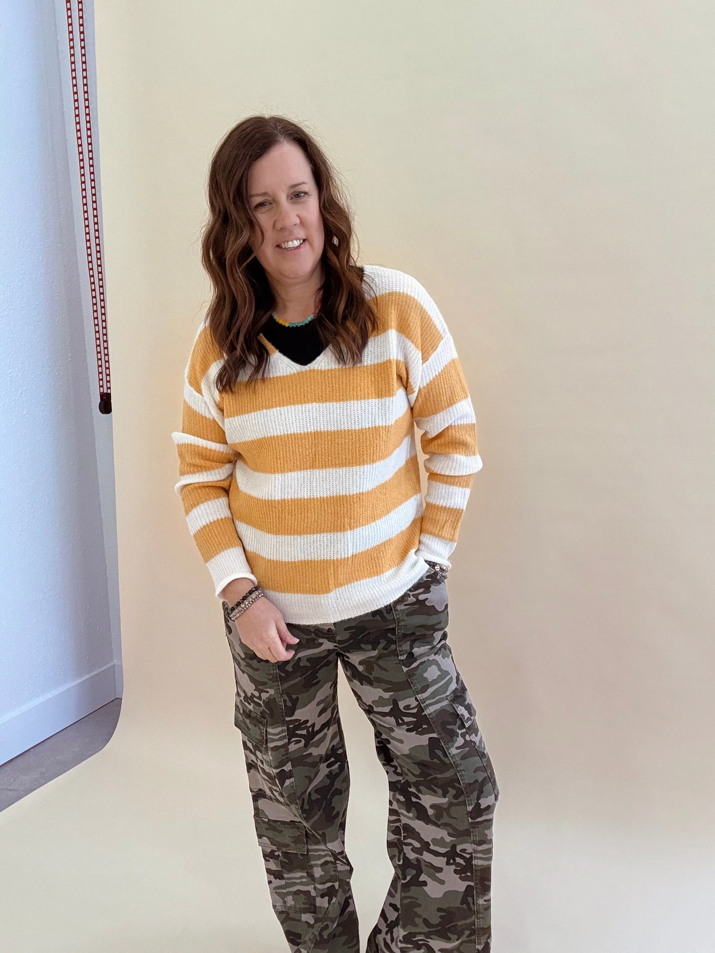 Striped Deep V-Neck Sweater